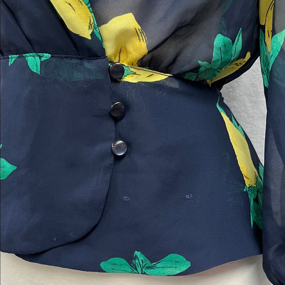 Navy Sheer Wrap Blouse with Lemon Pattern - Picture 4 of 6
